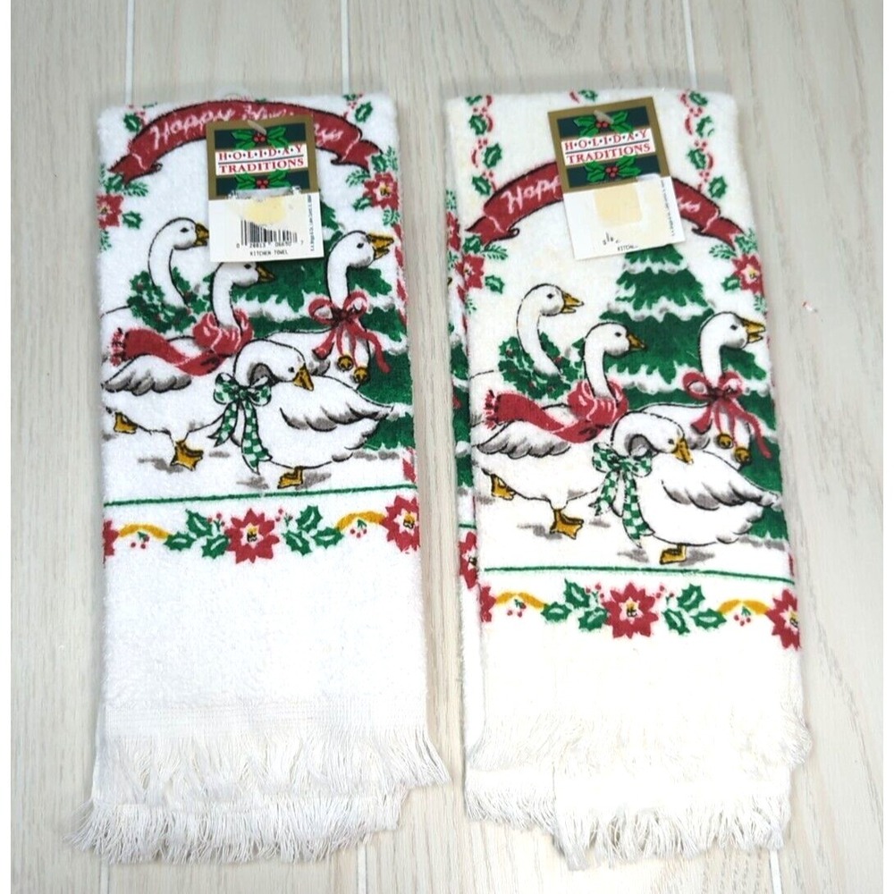 Holiday Traditions Christmas Geese holly leaves trees kitchen towels unused FLAW